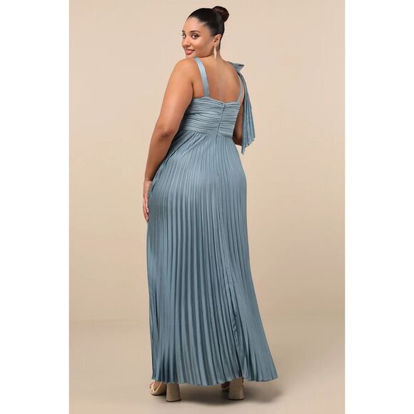 Lulus Gorgeous Purpose Slate Satin Pleated Sleeveless Bow Maxi Dress Size 1X NWT - Picture 2 of 13